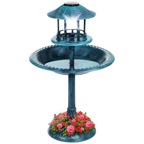 Solar Lighted Outdoor Pedestal Bird Bath w/ Planter, Decorative Bird Cage