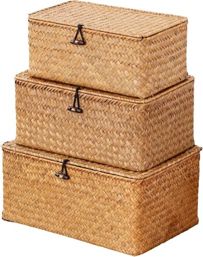Nonam Wicker Storage Basket with Lid,Seagrass Shelf Basket Set of 3,Nautral Wicker Basket Container for Organizing, Boho Decorative Basket, Rectangular Household Storage Boxes for Home Organization