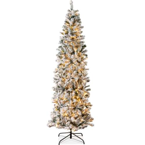 Artificial Pencil Christmas Tree w/ Twinkling Lights, Flocked Pre-Lit Pine