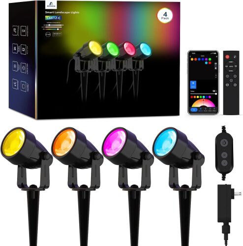 APPECK Landscape Lighting, RGBW Spotlights with APP Control,4 Pack Color Changing Low Voltage Light,IP65 Waterproof Outdoor Landscape Lights for Garden Yard Outside Decoration