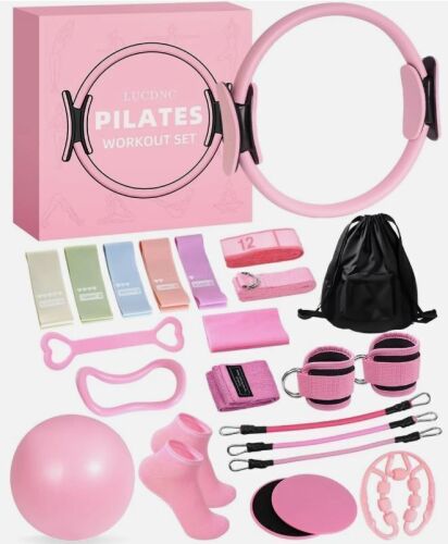 Pilates Kit for Home 24 Pcs, 14" Circles & 8" Yoga Ball | Resistance Band for Ankle, Back, Legs, Glutes, Equipment for Home Gym & Travel Fitness