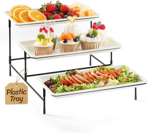 Lifewit 3 Tier Serving Tray for Party, Plastic Tiered Food Serving Platters 12" x 6.5" White Serving Dishes with Black Collapsible Metal Stand for Dessert, Buffet Display, Holiday Hosting Essentials