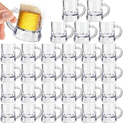 30 Pcs Mini Glass Beer Mugs, 1 oz Clear Glass Shot Glasses with Handles, Reusable Beer Stein Tasting Glasses for Drinking, Festival, Party, BBQ