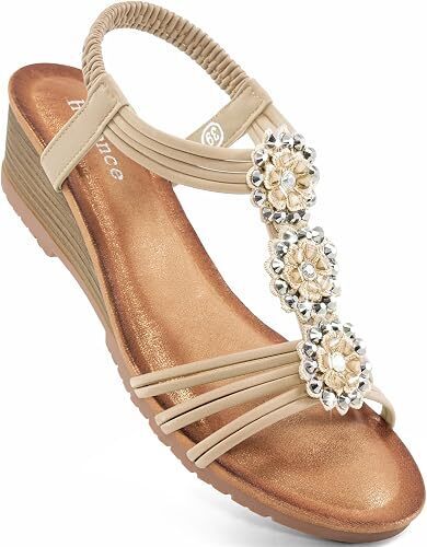 HARENCE Womens Wedge Sandals Dressy: 1.88'' Heel Soft Cushion Floral Rhinestone Strap & Elastic Slingback - All-Day Comfort Summer Platform Sandals for Vacation Wedding