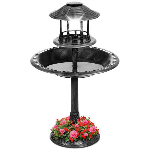 Solar Lighted Outdoor Pedestal Bird Bath w/ Planter, Decorative Bird Cage