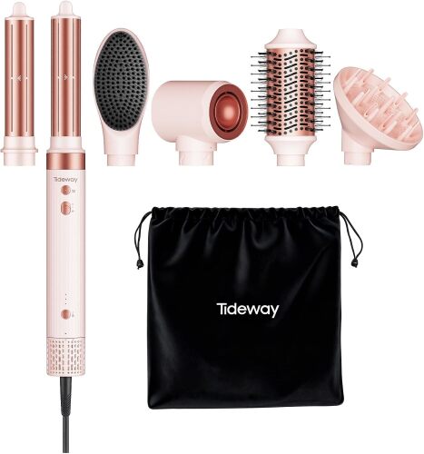Tideway Prowaver 6-in-1 Dual Voltage Airwrap Hair Dryer Auto Wrap Curlers Powerful Hair Dryer Set - Styling Without Heat Damage, Curling, Volumizing. Includes Bag,3 Airflow Settings, Cool Shot