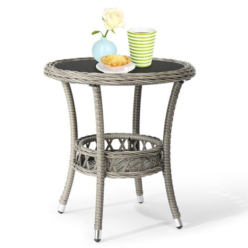 VINGLI 20-in W Outdoor Round Wicker Coffee Table with Storage Gray