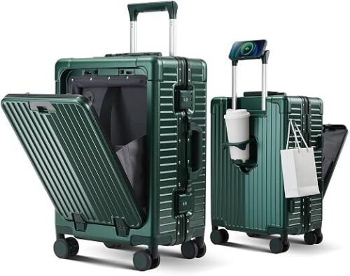 Carry on Luggage Aluminium Frame with Cup Holder,Top opening Suitcases and USB Charging Port,Lightweight with Front Pocket Rolling Suitcases with Spinner Wheels (Green, 20Inch)
