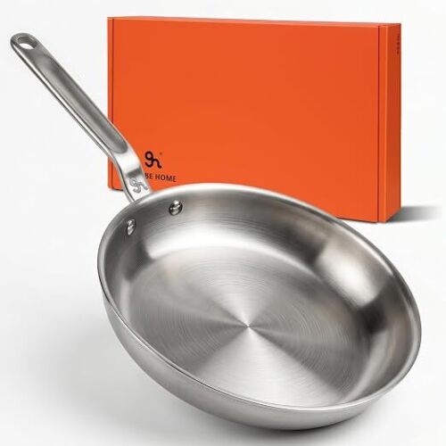 12" 5-Ply Stainless Steel Frying Pan dual aluminum core, uncoated surface, oven & broiler safe 800°F, induction ready, dishwasher safe, searing & family meals
