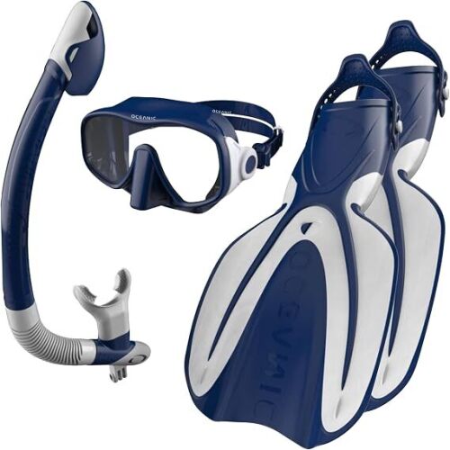 Oceanic Adult Premium Snorkel Set, Dry-Top Snorkel, Glass Mask & Fins
