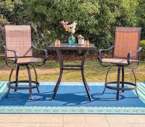 3-Piece Metal Square Outdoor Bistro Patio Bar Set with Slat Bar Table and Swivel Bistro Chairs