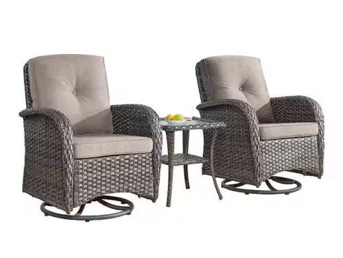 Brown 3-Piece Wicker Patio Conversation Set with Gray Cushions and Coffee Table All-Weather Swivel Rocking Chairs