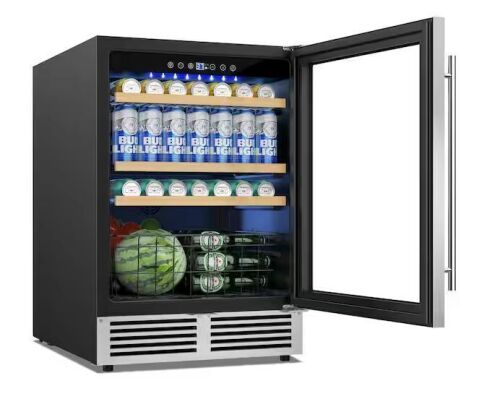 24 in. Single Zone 220 Plus Cans Beverage Refrigerator in Silver with 2-Different Door Handle Built-in Beverage Cooler