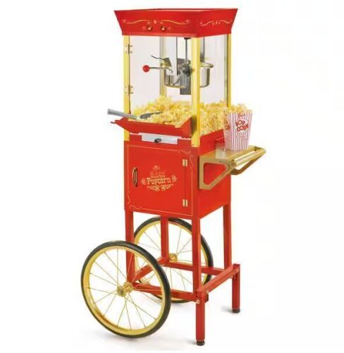 Nostalgia Vintage Professional 8 Oz Kettle Red Popcorn Machine Cart with Interior Light, Measuring Spoons and Scoop
