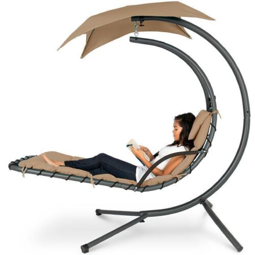 Hanging Curved Chaise Lounge Chair w/ Built-In Pillow, Removable Canopy