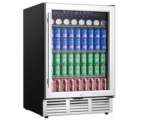 23.5 in. Single Zone 180-Cans Undercounter Freestanding/Built-in Beverage and Wine Cooler in Black, UV-Protected Door