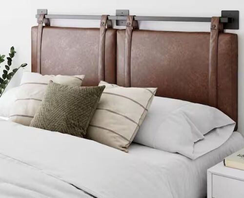 Nathan James Harlow 72 in. King Wall Mount Faux Leather Upholstered Headboard Adjustable Brown PU Straps and Black Metal Rail