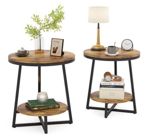 BYBLIGHT Kerlin 20 in. Rustic Brown Round Wood End Table, Set of 2