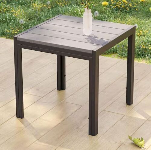 Square Gray Metal Frame Plastic Wood Grain Table Top Outdoor Coffee Table Modern Industrial Style