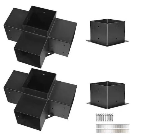 Pergola Bracket Kit, 6x6 In. 2 Pcs 4-Way Heavy-Duty Corner Brackets for DIY Woodwork, Compatible with Wooden Beams