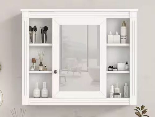 Polibi 35 in. W x 28.7 in. H Rectangular MDF Medicine Cabinet in White with Mirror and 6-Open Shelves
