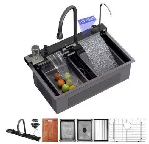 30 in. Drop-In Gunmetal Black Single Bowl 16-Gauge Stainless Steel Workstation Kitchen Sink with Faucet Combo Set