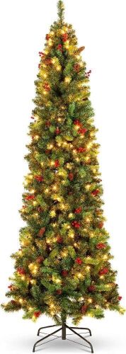 12' Pre-Lit Spruce Pencil Christmas Tree w/ Berries, Pine Cones