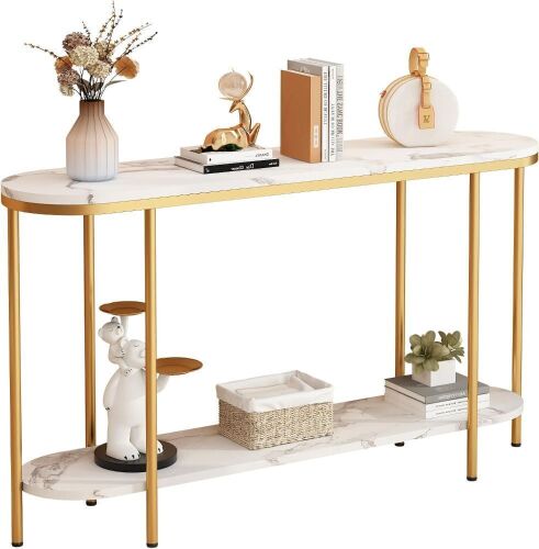 2 Tier Faux Marble Narrow Entryway Console Table