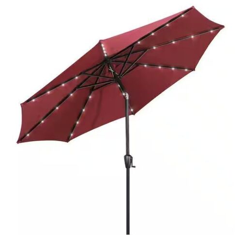 Sun-Ray 9 ft. Round Market Solar Lighted Umbrella in Burgundy