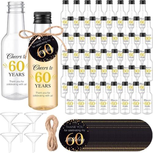 Lot of (2) 60th Birthday Party Favors, 1.7 oz Mini Liquor Bottles and Thank You Cards, 50 Sets