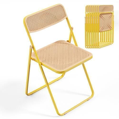 Portable Folding Chairs Iron Frame Accent with Woven Texture Panel, Yellow, 4 pack