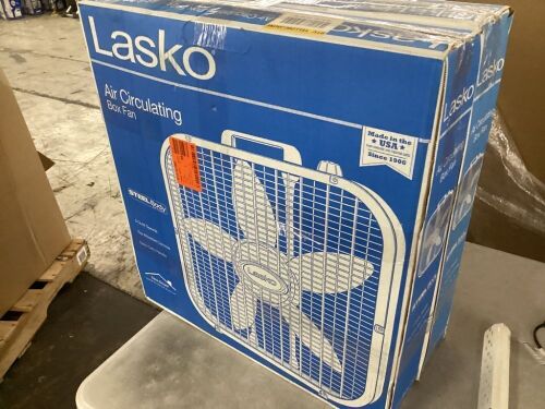 Lot of (2) Lasko 20 in. 3 Speed Air Circulating Box Fan for Home in White with Save Smart Technology, 1820 CFM and Carry Handle
