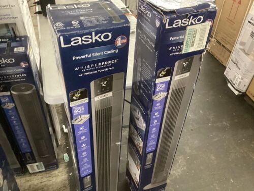 Lot of (2) Lasko 48 in. 12-Speed Oscillating Tower Fan in Gray, Quiet Operation, DC Motor, Remote Control and 12-Hour Timer, 12 in. Dia