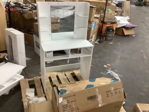 Makeup Vanity Set with Mirror and Power Outlet, 2-Drawers, 4-Storage Shelves and Bench - Some Damage, Half Assembled