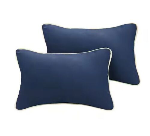 Sorra Home Sunbrella Navy Blue with Ivory Rectangular Outdoor Corded Lumbar Pillows (2-Pack)