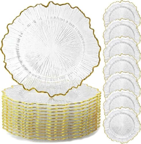 13inch Clear Reef Gold Rim Charger Plates, 50 pc