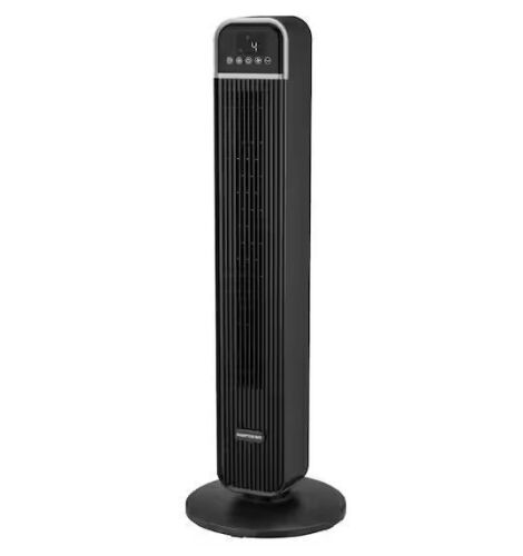 Hampton Bay 36 in. 4-Speed Oscillating Tower Fan in Black with Remote Control and Easy Carry Handle