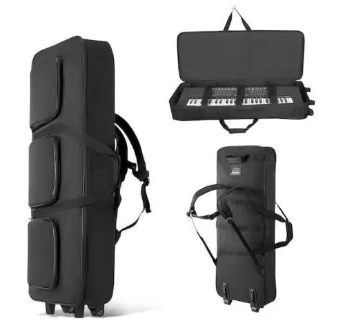61-Key Keyboard Case, Padded Rolling Briefcase Black Bag w/ Wheels, Multi-Pocket Storage, 40.9 x 16.9 x 5.1 in. Interior