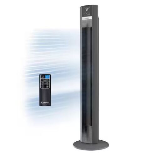 Lasko 48 in. 12-Speed Oscillating Tower Fan in Gray, Quiet Operation, DC Motor, Remote Control and 12-Hour Timer, 12 in. Dia