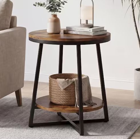 BYBLIGHT Kerlin 20 in. Rustic Brown Round Wood End Table
