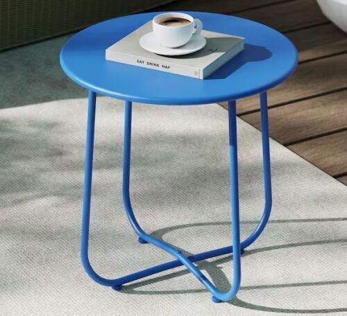 Patio Round Side Table, Modern Industrial Style with Metal Frame in Bright Blue