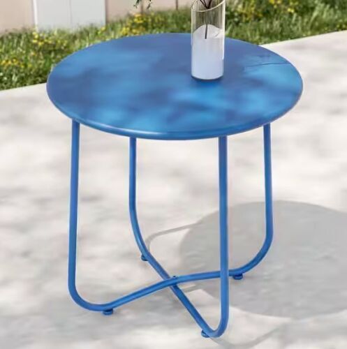 Patio Navy Blue Round Metal Frame Outdoor Side Table Modern Industrial Style with Weather Resistant