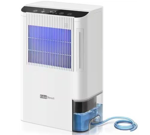 Edendirect 6.5 pt. 1,000 sq. ft. 30 dB Quiet Rotary Desiccant Dehumidifier for Basement, with 0.66 Gal. Bucket, Drain Hose (White)