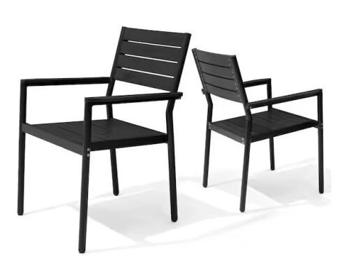 Aluminum Frame Stackable Patio Outdoor Dining Chairs with Wood Plastic Composite Panels, Black (Set of 2)