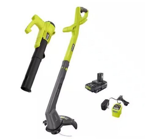 RYOBI ONE+ 18V Cordless String Trimmer/Edger and Blower/Sweeper Combo Kit (2-Tools) with 2.0 Ah Battery and Charger