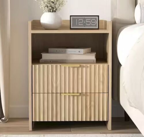 Natural Oak 2-Drawer Nightstand with Ribbed Texture