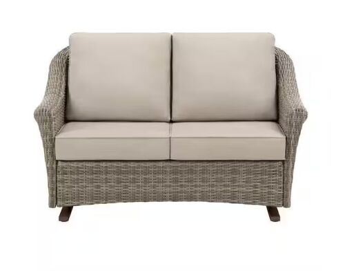 Hampton Bay Brooke Mill Brown Metal 2-Person Wicker Outdoor Glider with CushionGuard Putty Tan Cushion