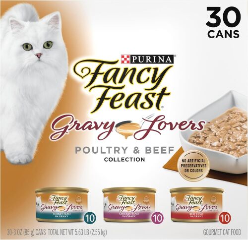 Purina Fancy Feast Gravy Lovers Wet Cat Food, 3 oz Cans, 30-Pack Variety Pack with poultry and beef grilled gourmet recipes, made with no artificial colors or preservatives