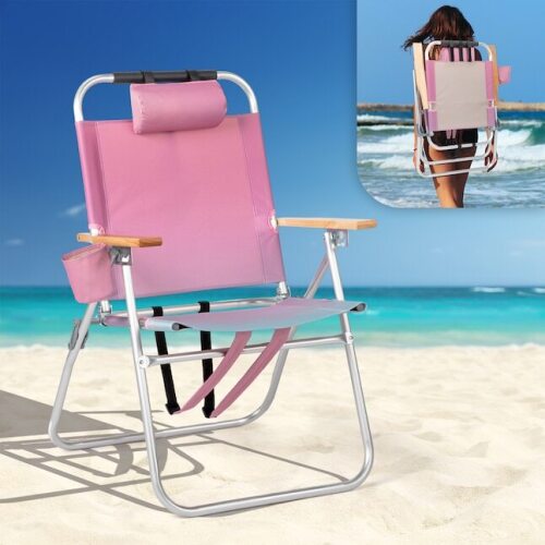 VINGLI 17-in Aluminum Backpack Beach Chair with Adjustable Straps 3-Position Reclining Cup Holder 2 Pillow Pink