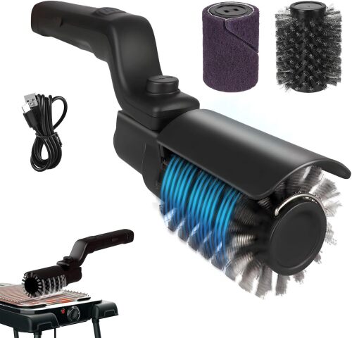 Electric Grill Brush, Cordless Rechargeable Grill Cleaning Brush with Adjustable Angle, Stainless Steel Brush Head, 3-Speed Power, 90-Min Runtime, Waterproof Cleaner for BBQ Grates (Black)